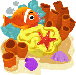 cartoon scene with coral reef with swimming cheerful fish isolated element illustration for children