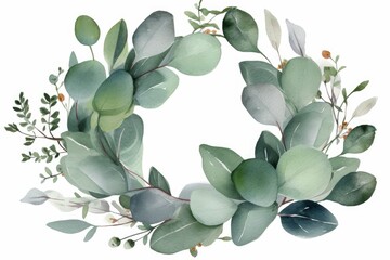 Watercolor wreath with green eucalyptus leaves