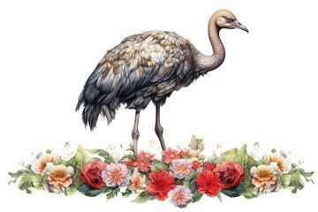 Obraz premium Watercolor ostrich with flowers