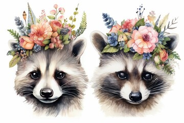 Watercolor raccoon Portraits and Flowers