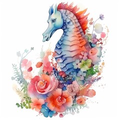 Watercolor seahorse with flowers