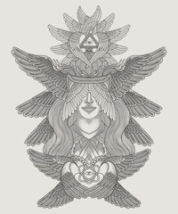 Fototapeta premium Seraphim, six winged Ange hand drawing. vintage engraving illustration