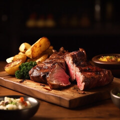 A Hearty Serving of Traditional Brazilian Barbecue, Churrasco, Showcasing Various Grilled Meats Displayed on a Cutting Board Under Beautiful, Cinematic Lighting. Generative AI