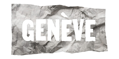 Geneva city name cut out of crumpled newspaper in retro stencil style isolated on transparent background