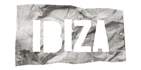 Ibiza city name cut out of crumpled newspaper in retro stencil style isolated on transparent background - obrazy, fototapety, plakaty