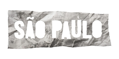 São Paulo city name cut out of crumpled newspaper in retro stencil style isolated on transparent background