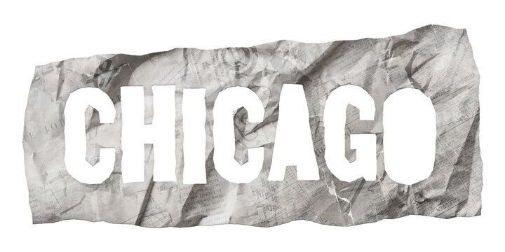 Chicago city name cut out of crumpled newspaper in retro stencil style isolated on transparent background