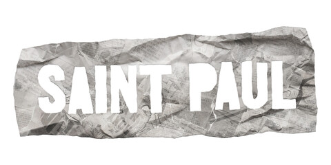 Saint Paul city name cut out of crumpled newspaper in retro stencil style isolated on transparent background - obrazy, fototapety, plakaty