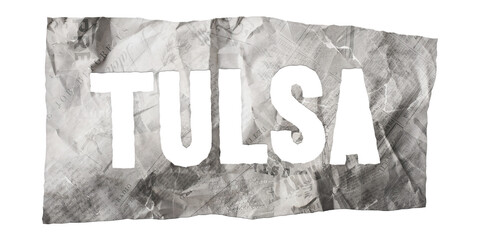 Tulsa city name cut out of crumpled newspaper in retro stencil style isolated on transparent background