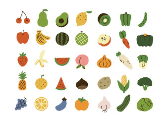 かわいい果物や野菜のアイコン　手書きのあしらい
