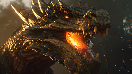 A fierce roaring dragon with fire breath, generative AI art illustration