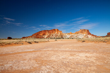 Desert rocks sand and blue skies with plants