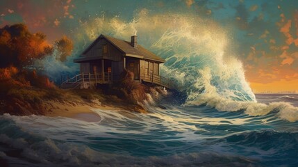 a painting of a house next to an ocean wave Generative Ai