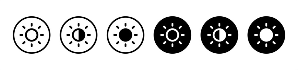 Day and night icon set in line style. Screen brightness and contrast level control simple black style symbol sign for apps and website, vector illustration.