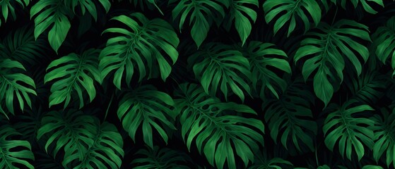 Abstract foliage and botanical background. Green tropical forest wallpaper of monstera leaves, palm, branches in hand drawn pattern. Exotic plants background for banner, prints. Generative AI