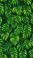 Abstract foliage and botanical background. Green tropical forest wallpaper of monstera leaves, palm, branches in hand drawn pattern. Exotic plants background for banner, prints. Generative AI