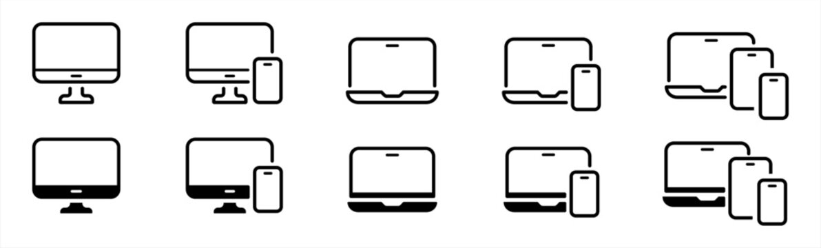 Responsive Digital Devices Icon Set In Line Style. Digital Display, Desktop, Computer, Laptop, Tablet, Smartphone Screen Simple Black Style Symbol Sign For Apps And Website, Vector Illustration.