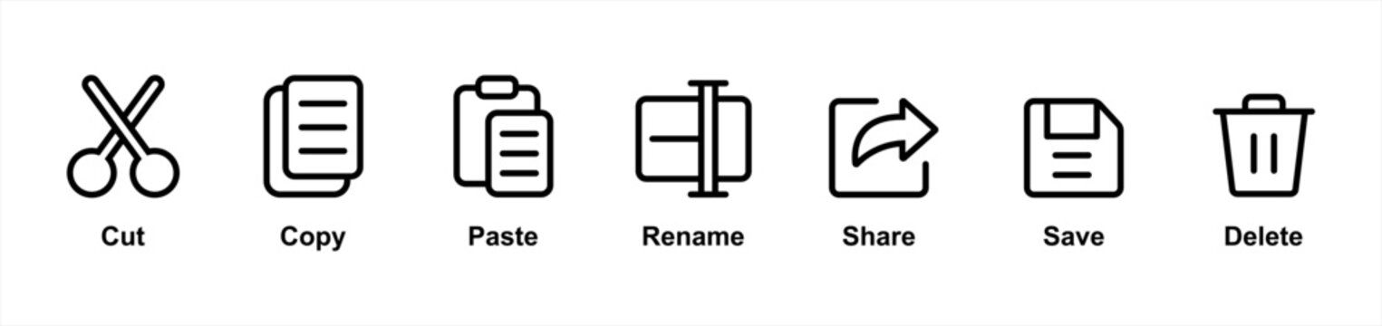 Cut, copy, paste, rename, share, save and delete simple icon symbol collection in line and glyph style,	
