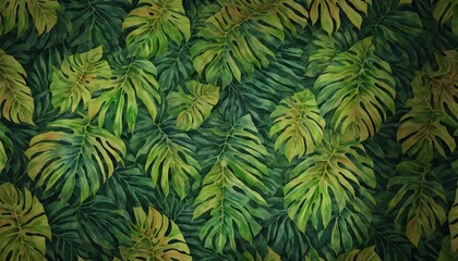 Fototapeta na wymiar Abstract foliage and botanical background. Green tropical forest wallpaper of monstera leaves, palm, branches in hand drawn pattern. Exotic plants background for banner, prints. Generative AI
