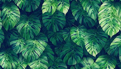 Fototapeta na wymiar Abstract foliage and botanical background. Green tropical forest wallpaper of monstera leaves, palm, branches in hand drawn pattern. Exotic plants background for banner, prints. Generative AI