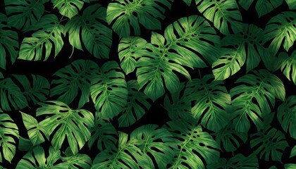 Obraz na płótnie Canvas Abstract foliage and botanical background. Green tropical forest wallpaper of monstera leaves, palm, branches in hand drawn pattern. Exotic plants background for banner, prints. Generative AI