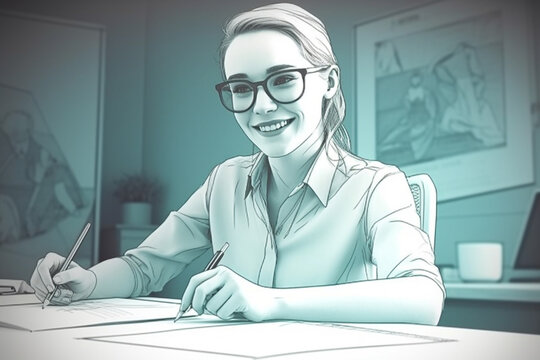 cartoon illustration of a focused office woman working at her desk, surrounded by documents and computer files in a professional office setting. generative AI.