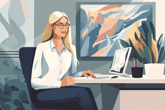cartoon illustration of a focused office woman working at her desk, surrounded by documents and computer files in a professional office setting. generative AI.