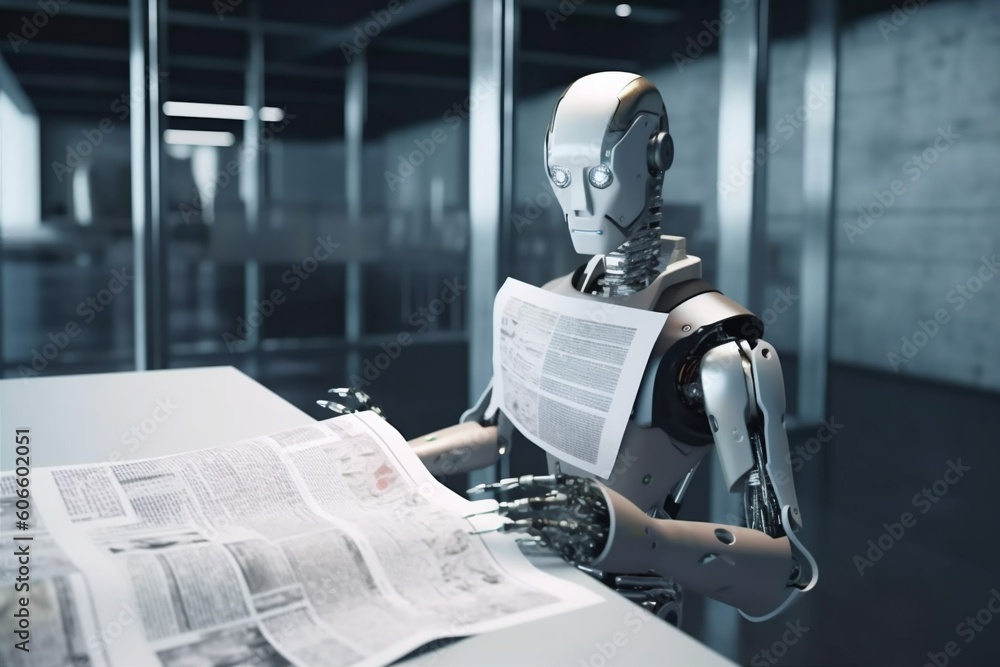Aufkleber ai technology laptop document artificial digital office paper hand robot. generative ai.