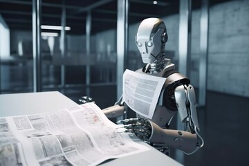 ai technology laptop document artificial digital office paper hand robot. Generative AI.