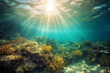 Fototapeta na wymiar Underwater scene tropical seabed with reef and sunshine, Generative ai