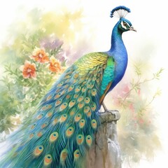 Vibrant Watercolor Peacock With Flowers
