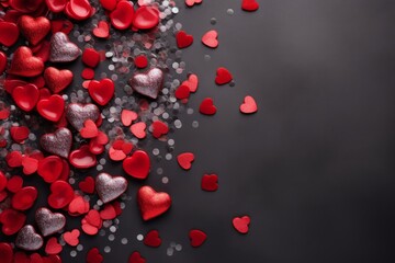 Valentine day background with red hearts top view, Generative ai