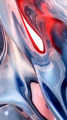 A poster with liquid metal forms in colors blue and white and red pastel colors. AI generative