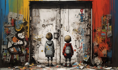 2 graffiti children look at a door with graffiti on the wall, in the style of large canvas sizes, doug hyde, chrome-plated, neo-concrete. Generative AI