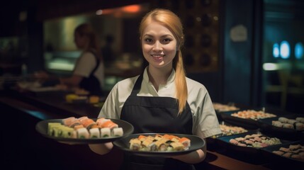Asian waitress with a plate of Sushi - made with Generative AI tools