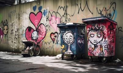 a graffiti covered recycling cart and some graffiti on the wall, in the style of ellen von unwerth, narrative diptychs, doug hyde, street life scenes, childlike innocence, flickr, chalk. Generative AI