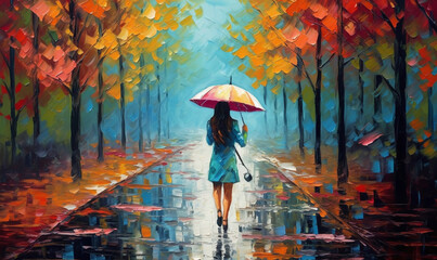 a girl walking in the rain with her umbrella, in the style of luminous landscape painting. Generative AI