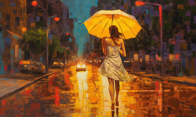 a girl walking in the rain with her umbrella, in the style of luminous landscape painting. Generative AI