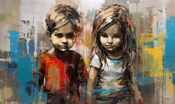 graffiti painting of two kids with graffiti over their windows, in the style of chrome-plated, holotone printing, colorful graffiti-style. Generative AI