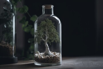 Tree growing inside clear glass bottle, Generative ai