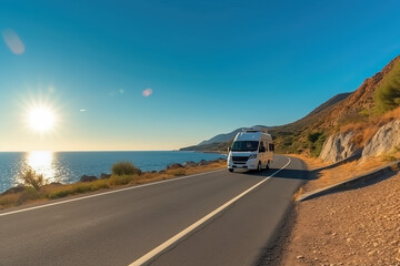 Fototapeta premium A van driving down a road next to the ocean created with Generative AI technology