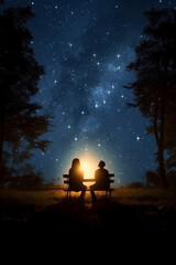 Naklejka na ściany i meble Couple sitting and kissing under the stars, beautiful, AI generative