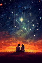 Couple sitting and kissing under the stars, beautiful, AI generative