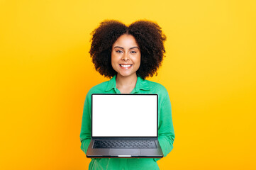 Fototapeta na wymiar Positive brazilian or african american curly haired woman, in a green shirt, holding an open laptop in hand with white blank mock up screen, looking at camera, smiling, isolated orange background