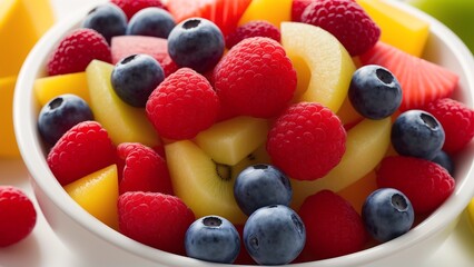 A Depiction Of A Colorful Fruit Bowl With Raspberries, Melon, And Blueberries