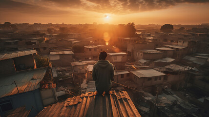 スラム街で屋根に登る男性の後ろ姿・夕方の風景
 - obrazy, fototapety, plakaty