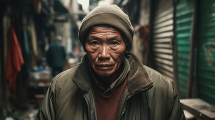 Fototapeta premium スラム街に住む浮浪者・ホームレス・物乞いの高齢者男性（Generative AI） 