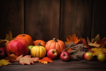 Autumn background with apples, pumpkins and fallen leaves, Generative ai