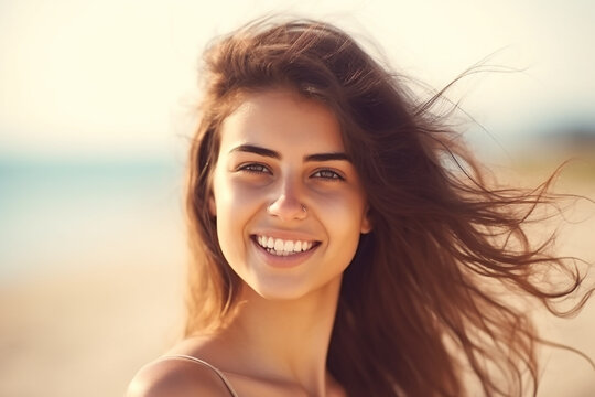 Pretty young smiling woman on a beach. Generative AI