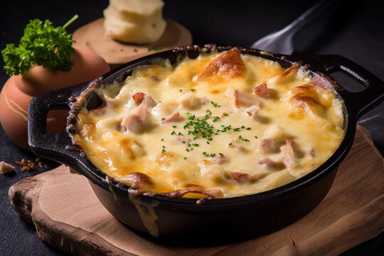 Homemade tartiflette french food speciality with potatoes and cheese. Generative AI